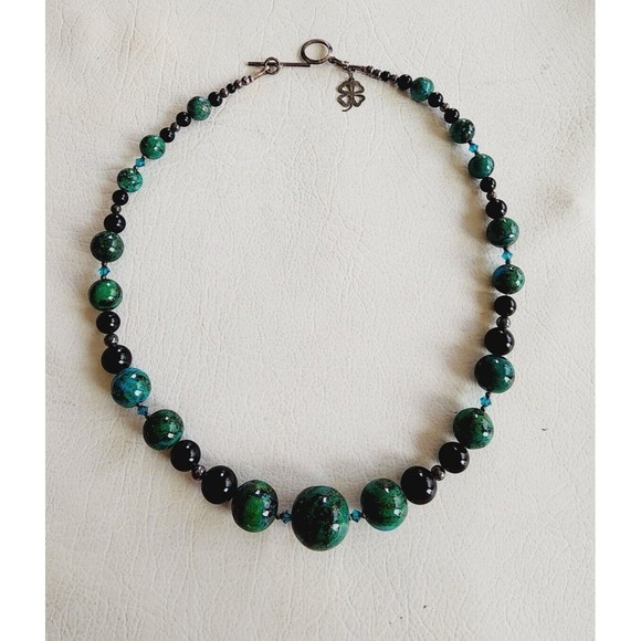 Vintage Sterling Graduated Beaded CHRYSOCOLLA ONYX Necklace - Picture 2 of 10